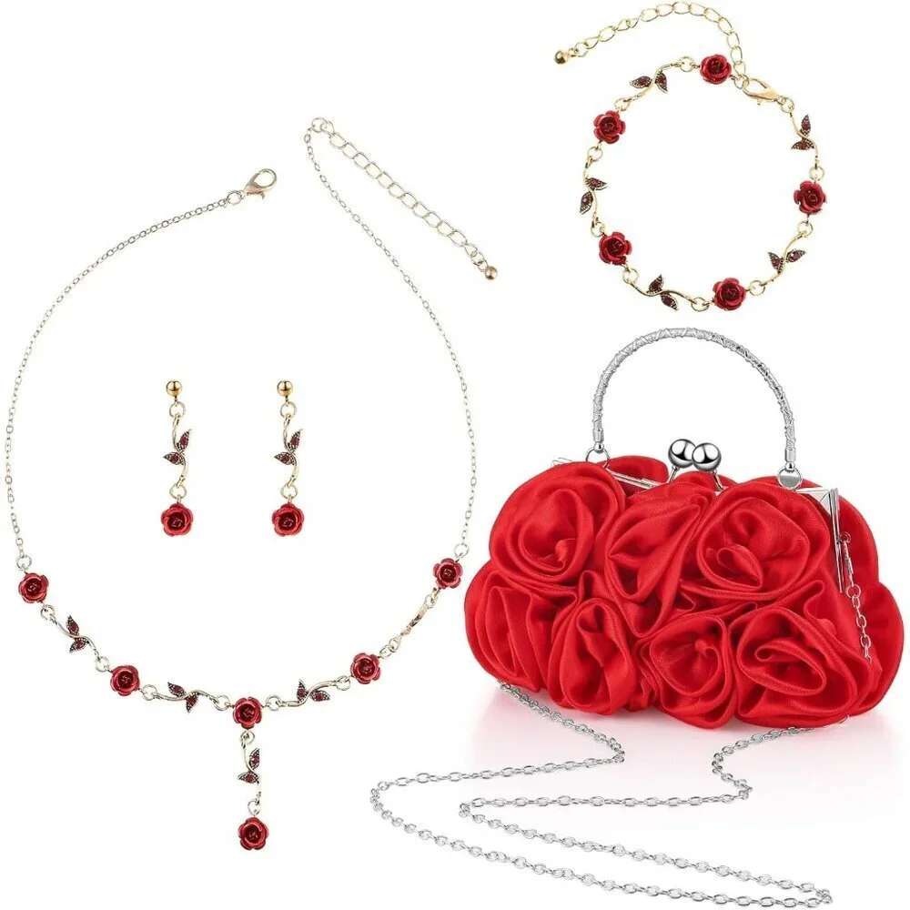 Women Rose Clutch Purse Jewelry Set Satin Evening Handbag Accessories Gift
